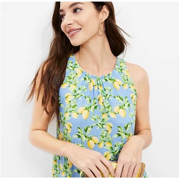 LOFT Lemon Print Tiered Swing Dress Women's Small Blue Yellow Linen Blend - Picture 13 of 13